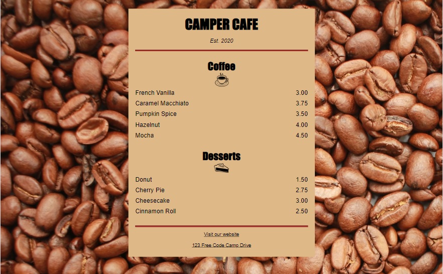 Photo of the cafe menu site
